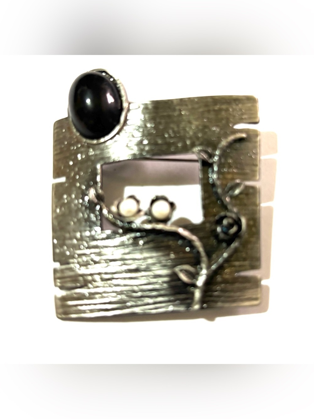 Vintage Silver-Tone Brooch with Black Cabochon